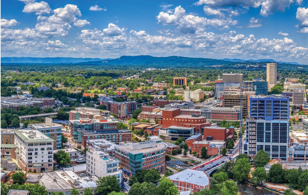 The downtown Greenville skyline, a mix of mountains and metro.