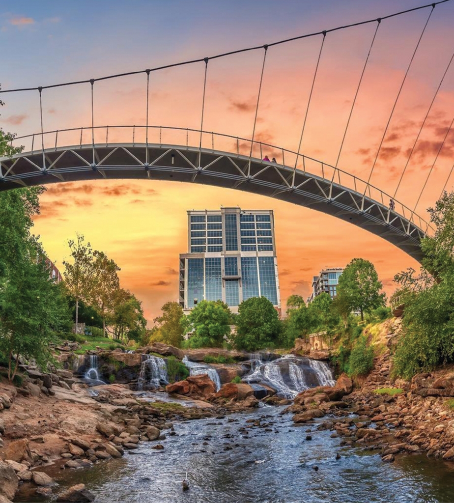 Downtown Greenville&#039;s infamous Reedy Falls and Liberty Bridge.