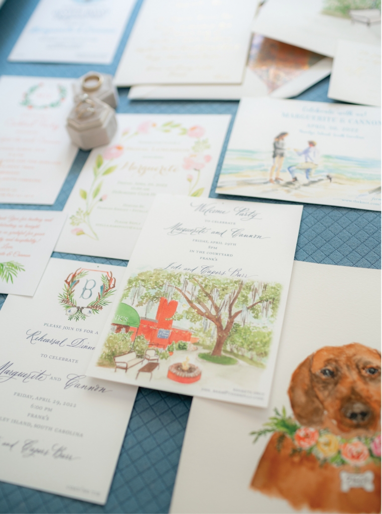 Picture Perfect: The Barrs’ beachy island theme wedding included beautifully illustrated stationery by Traci Green Designs that captured special somethings from the couple’s journey, including the beach proposal, their dog, Ziggy, and Frank’s.