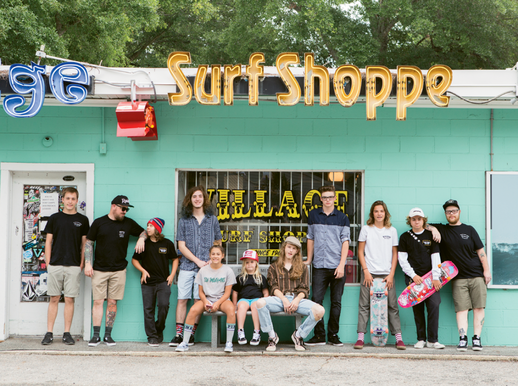 Village Surf Shoppe is home to Ten Twenty-five, a skateboard team and youth mentorship program led by Village employee Aaron Wright. Pictured are (from left) Parker Nance, Brian Campbell, Alex MacNeil, Andrew Simpson, Lexie Latta, Rensley Wright, Jacob “J Byrd” Byrd, Stephen Griffin, Jesse Ford, Bret “Bronco” Todd and Aaron Wright.
