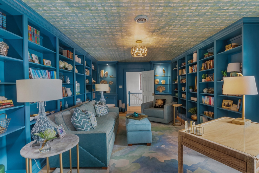 This blue beauty of a library is a relaxing retreat.