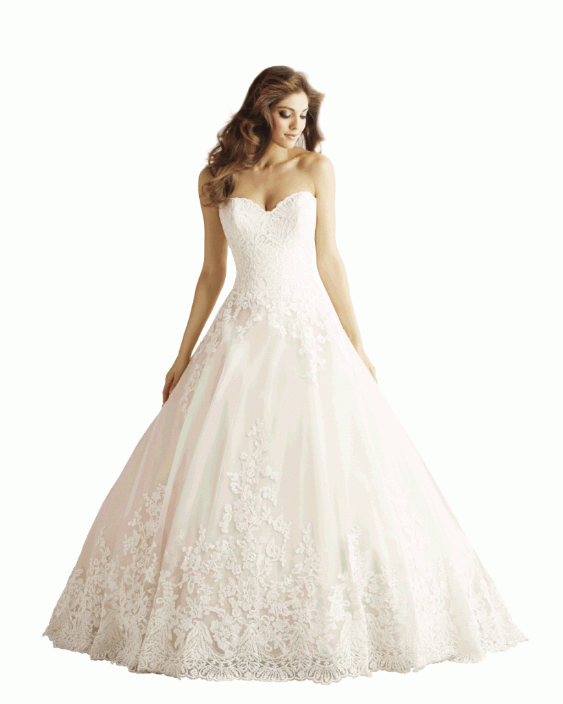 allure romance On this strapless ballgown, dreamy English net is covered with climbing floral lace appliqué and finished with a demure sweetheart neck. Style 2701. Magnolia Bridal and Formal Wear, $1,259