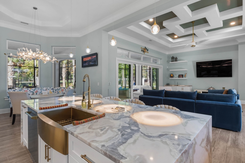 The couple’s indoor living spaces feature stunning shades of gray.