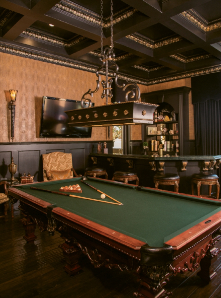R&amp;R: Need a little rest and relaxation? Here, you can unwind in “The Club Room” with a game of billiards and perhaps a snifter of brandy. And, opposite page, who wouldn’t love to curl up in this chocolaty master bedroom suite?