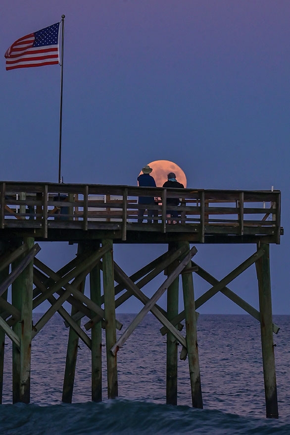 A Full Moon Rising - Pawleys Island -- Jim Arnold, Pier on Pawleys Island