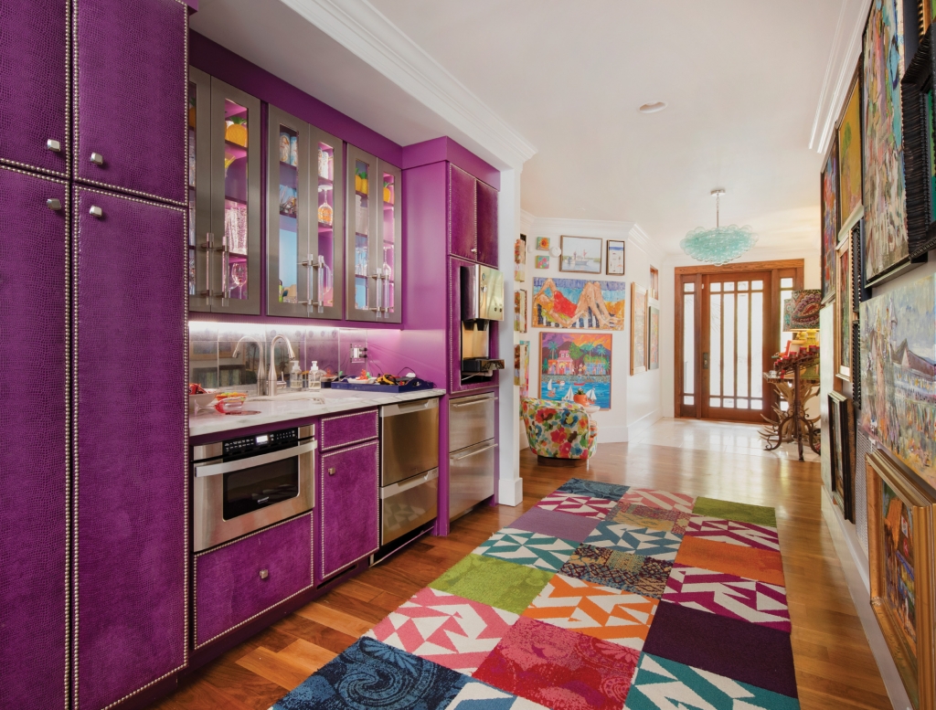 Kelli Silliman likes color, and nothing makes that statement louder than this delicious grape-colored, textured wet bar off the kitchen.