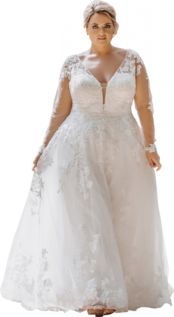 Allure Bridals Lacy flowers trail down illusion sleeves and bodice of this romantic gown. Fancy Frocks,,$2,089