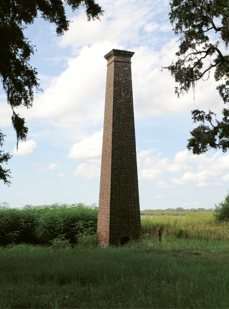 The Belle Isle Plantation Rice Chimney was built around 1830  and is on the National Register of Historic Places. If you look closely,  you can see still see the brickmaker’s fingerprints from when the bricks were  removed from the mold.