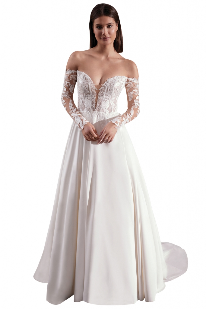 Adore by Justin Alexander Bella gown by Adore by Justin Alexander, a long-sleeved satin A-line dress with pockets. Two Oaks Bridal Boutique, call for price