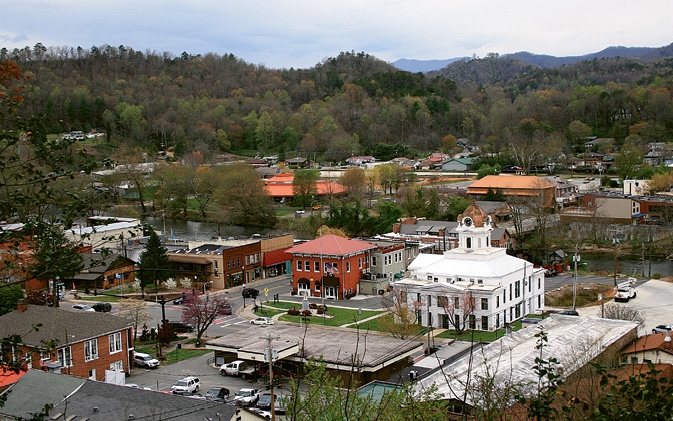 The southern chain of the Smoky Mountains tower over the Bryson City skyline.