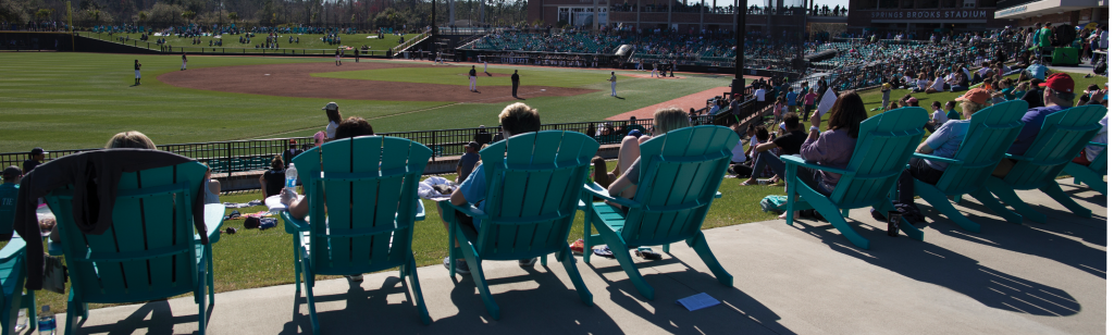 Fans enjoy a recent game from the Adirondack chairs behind left field.