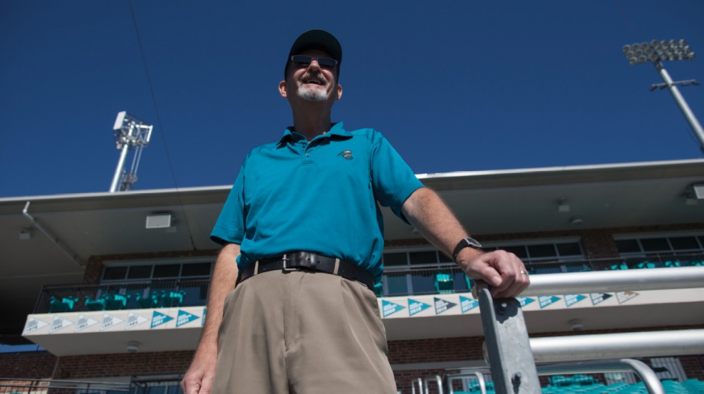 CCU fan Ed Smrdel wears his lucky golf shirt to a recent game against James Madison.