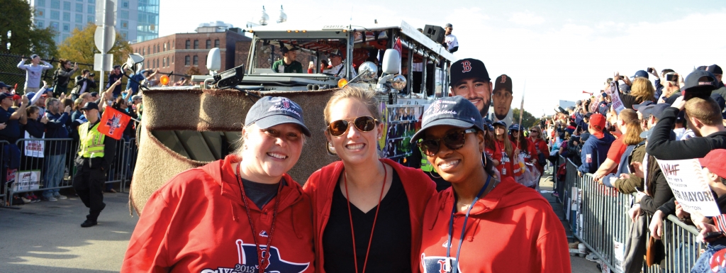 Rachel, center, at the 2013 Red Sox parade.