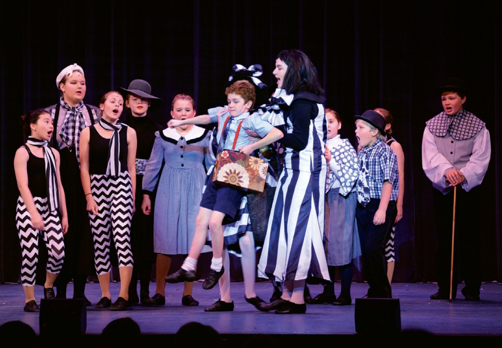 Each student has the opportunity to perform on stage. The most recent production was James and the Giant Peach which had more than 30 actors.