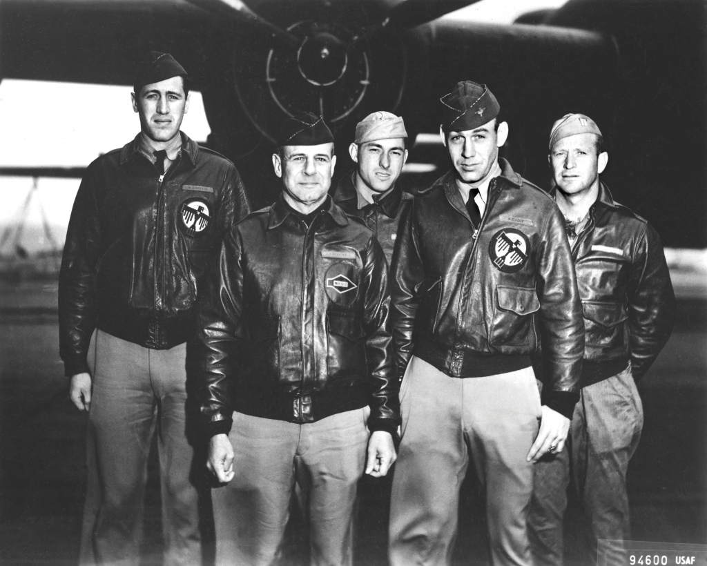 The Doolittle Tokyo Raiders, Crew No.  1: Lt. Col. James H. Doolittle, pilot; Lt. Richard E. Cole, copilot; Lt. Henry A. Potter, navigator; SSgt. Fred A. Braemer, bombardier; SSgt. Paul J. Leonard, flight engineer/gunner on April 18, 1942.