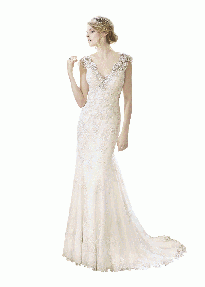 Maggie Sottero This delicate, feminine gown features an exquisitely sequin-embroidered lace gown with shimmer metallic threading and plunging back, embellished in illusion lace. Swarovski crystals and opalescent pearls adorn the illusion cap-sleeves and back. Fancy Frocks, $1,849
