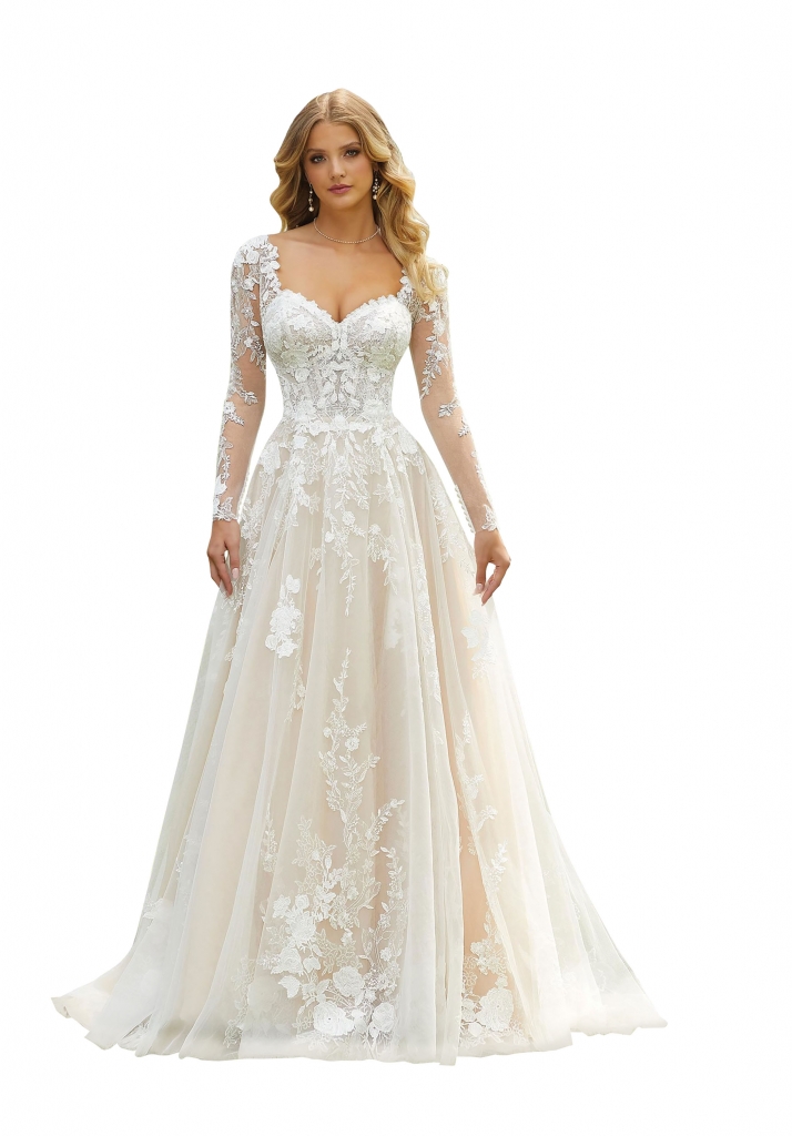 Mori Lee Bridal  Drucilla Wedding Dress by Mori Lee Bridal is a romantic ball gown and has dreamy beaded embroidered lace with a sweetheart corset bodice and detachable illusion long sleeves. The Foxy Lady, $2,160