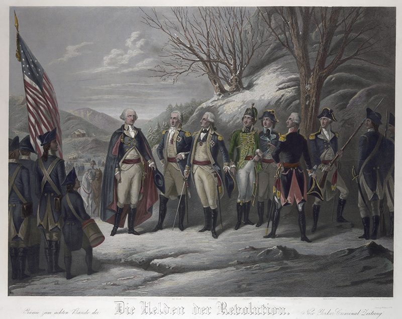 This circa 1870 engraving  by Frederick Girsch, &#039;The Heroes Of The Revolution&quot;  shows left to right: General George Washington and officers Johann De Kalb, Baron Von Steuben, Kazimierz Pulaski, Tadeusz Kosciuszko, Marquis De Lafayette, and John Muhlenberg.