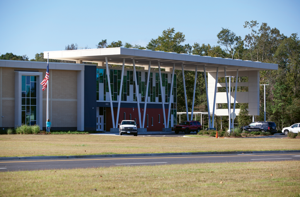 The entrance to Socastee Elementary. The school can accommodate up to 900 students and is designed with glass-walled classroom and open spaces.