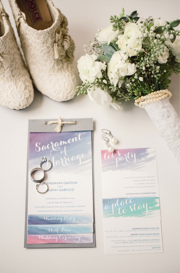 The bride and groom designed and printed all of their wedding invitations and programs themselves, which embodied their artsy personalities. Designed by a jeweler in Italy, “The Brandi Ring” is one-of-a-kind.
