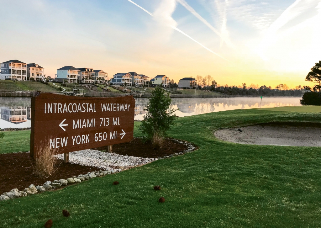 Myrtlewood Golf Club in Myrtle Beach features this much-photographed sign noting the mileage to New York and to Miami via the Intracoastal.