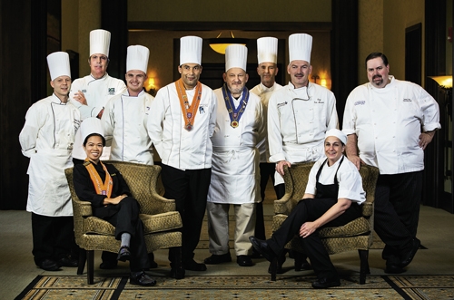 Chefs Extraordinaire: Standing left to right: Andrew Gardo (Sea Captain’s House), Megian Cinari (Waterscapes at Marina Inn), Julien Lancrerot (Waterscapes at Marina Inn), Martin Dobr (Martin’s Restaurant), Mike McKinnon (The Cypress Room at Island Vista Resort), Eric Masson (The Brentwood Restaurant &amp; Wine Bistro), Joseph Bonaparte (Horry-Georgetown Technical College) and  James Clark (The Carolina Inn). Seated left to right: Sokun Slama (New Southern Kitchen) and Tina Spaltro (Dunes Golf and Beach Club).