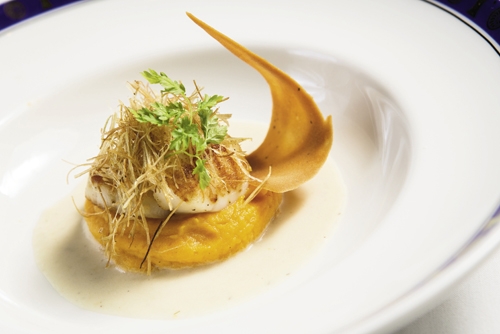 Pan-Seared Day Boat Scallops with Fennel Sauce and Vanilla-Scented Sweet Potato Puree