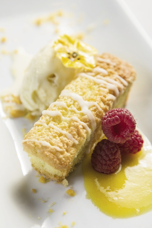 Lime Chiffon Cake with Coconut Ice Cream  and Passion Fruit Sauce