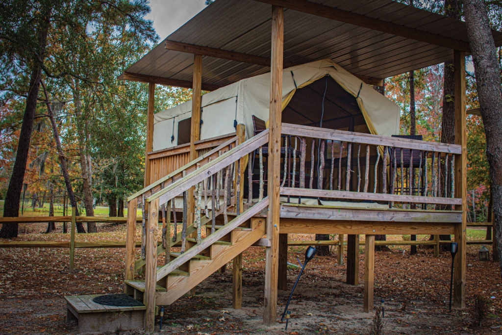 One of the glamping tents, a home away from home.