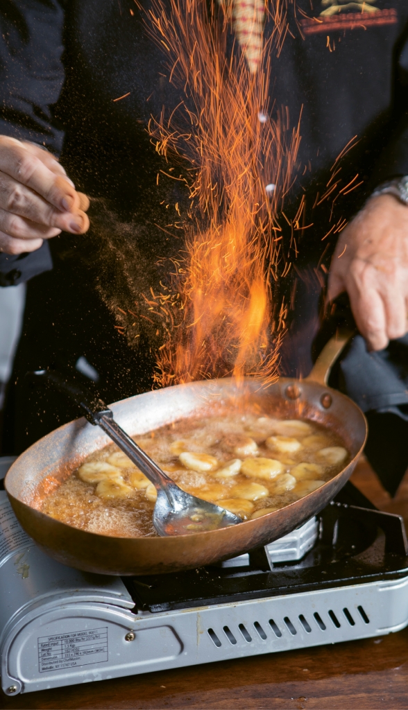 Fired Up: The Bananas Foster dessert, flamed tableside, is the essence of dinner theater.
