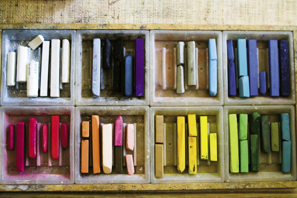 A tray of pastels, one of his favored media.