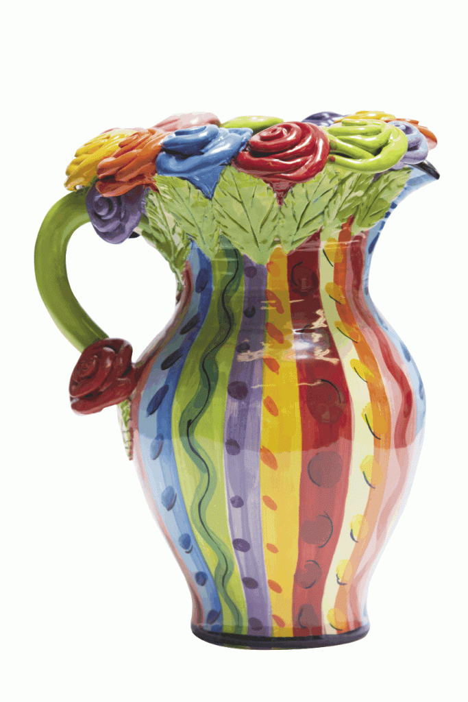 Ring around the Rosettes This is what happens when art and rainbows meet: ...a uniquely handcrafted pitcher by artist Mary Rose Young that could easily be the statement piece of any dinner setting.   $500. Rose Arbor Fabrics, 6916 N. Kings Highway, Myrtle Beach. (843) 449-7673