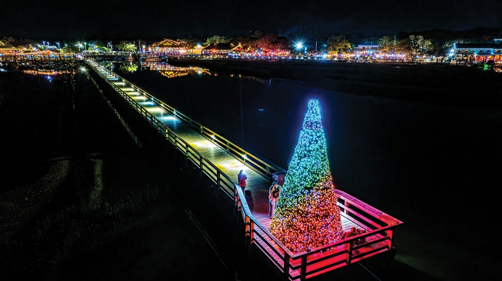 Now in its fourth year, the MarshWalk Wonderland of Lights also features a Santa’s Village attraction, photo op areas, and a 20-foot LED Christmas tree at the end of Veterans Pier (pictured).