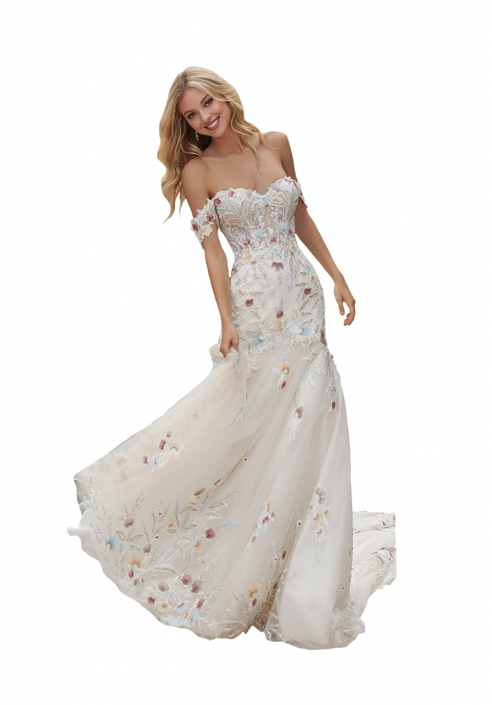 Persephone wedding dress by Mori Lee Bridal - Persephone Wedding Dress by Mori Lee Bridal is a Fairytale mermaid that has colorful frosted floral embroidery with detachable off-the-shoulder sleeves in effortless tulle The Foxy Lady, $1,998