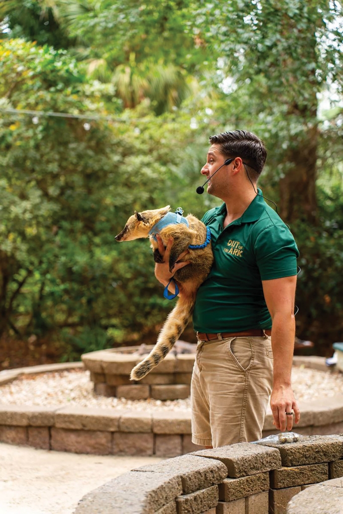 Ryan LaPierre explains to a group that Coca, a coati mundi and in the racoon family, starts most mornings with quail eggs, shell and all. Photo by Jarod Castro.