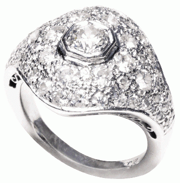 VINTAGE BEAUTY: This platinum antique design diamond ring is E–F color and VS2 clarity. (1.79 total cts.) Treasures Fine Jewelers, $5,500