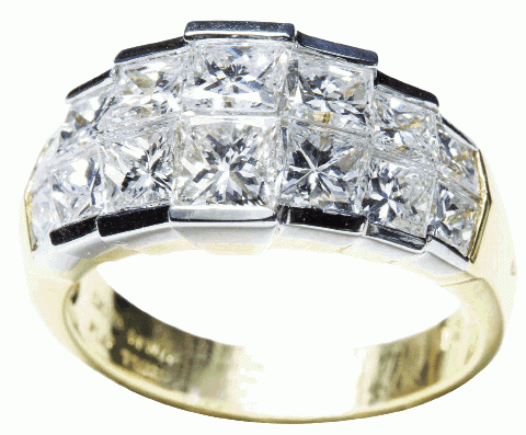 Fit for a Princess: Princess-cut diamonds take center stage in this stunner with E color and VVS2-SI1 clarity diamonds set in 18k yellow gold and platinum. (3.44 total cts.) Treasures Fine Jewelers, $9,500