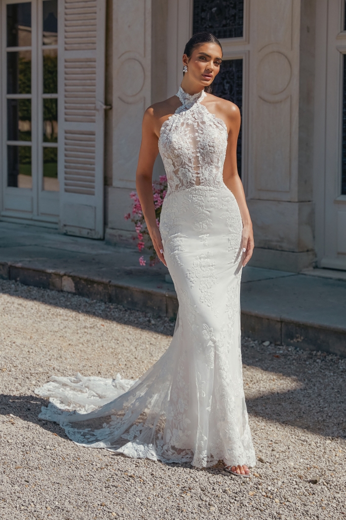 Justin Alexander Sincerity - Fit and flare gown with plunging halter neckline with sheer bodice, on this style 44467 gown. Two Oaks Bridal Boutique, $1,565