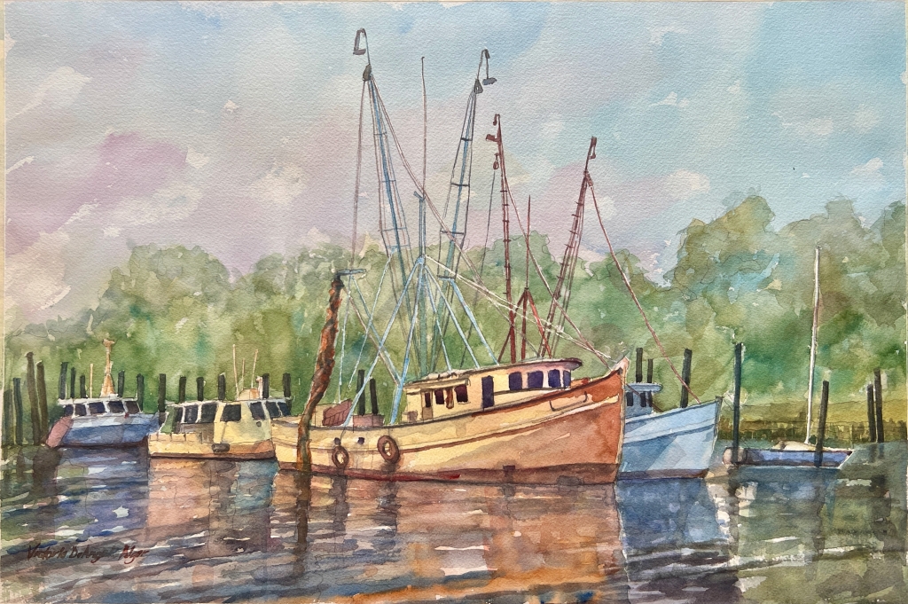 A shrimp boat scene painted from a borrowed reference photo.