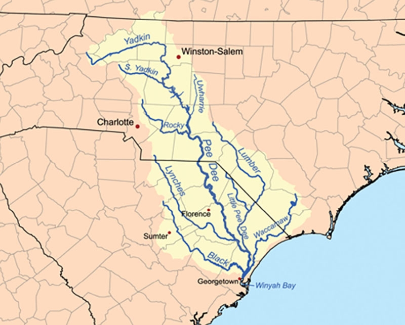 The Pee Dee River Basin, including the  Waccamaw River, reaches  up to Virginia, while several subwatersheds make up the Greater Winyah Bay  Watershed.
