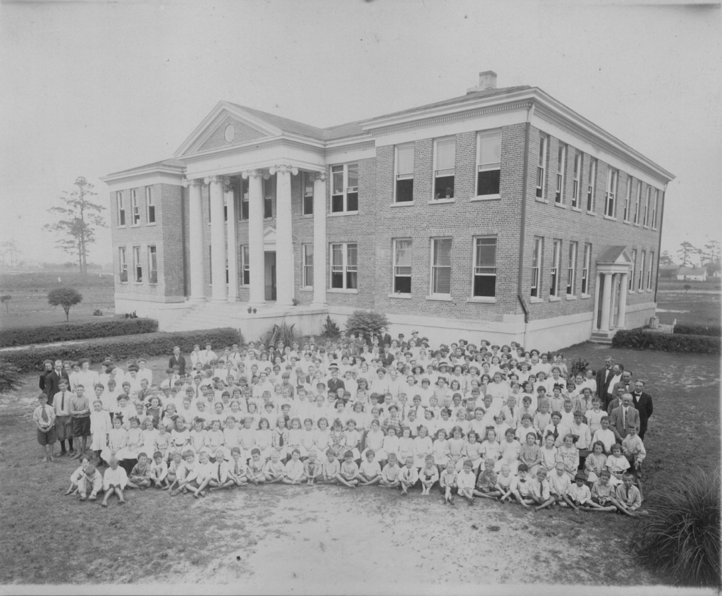 The Winyah Public School building was completed and opened in 1908. This building housed twelve classrooms and eight cloakrooms.