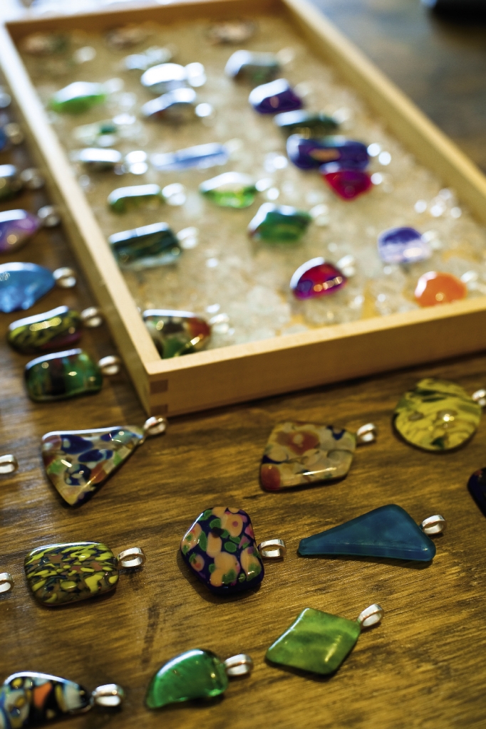 Pendants created from blown glass are unique in color, shape and design.