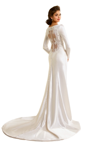 ALFRED ANGELO: Alfred Angelo created this licensed replica of Bella&#039;s bridal gown from the movie Breaking Dawn: Part One. This charmeuse gown couples long sleeves and a plunging V-neckline. The back’s sheer cutout is highlighted with lace and sequins, and buttons trail from the top to the bottom of the chapel train.$799. STYLE 8400. MAGNOLIA BRIDAL AND FORMAL WEAR, 318 MAIN ST., CONWAY, (843) 248-6777