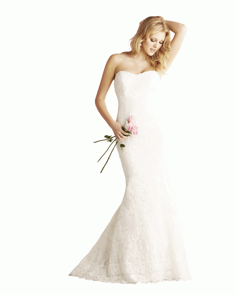 ALLURE: This strapless all-lace and English net gown features a soft mermaid silhouette. The slight sweetheart neckline and the deep V back is beautiful alone or under the removable lace bolero. Button detailing adorns the back into a sweep train. Style 2700. Magnolia Bridal and Formal Wear, $1,079