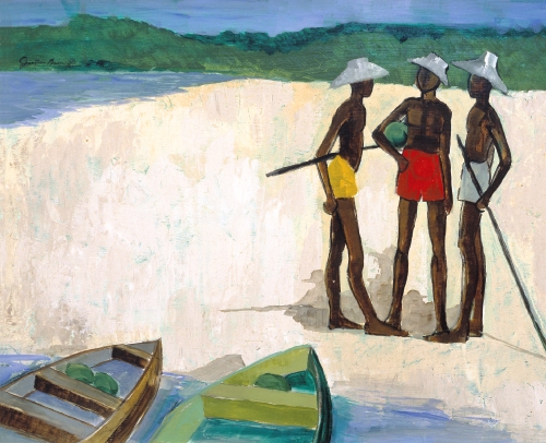 “Boat Men,” 1985, oil on masonite.