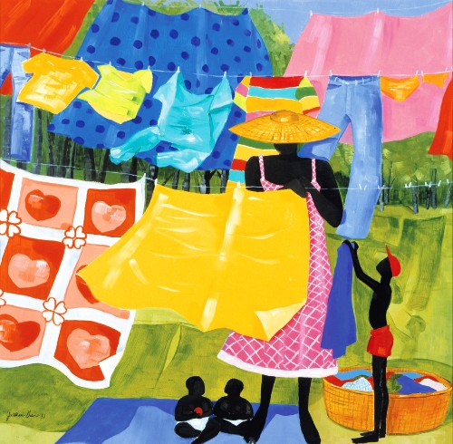 “Colored Clothes,” 1988, oil on masonite, shows Green’s masterful strokes of bright color.