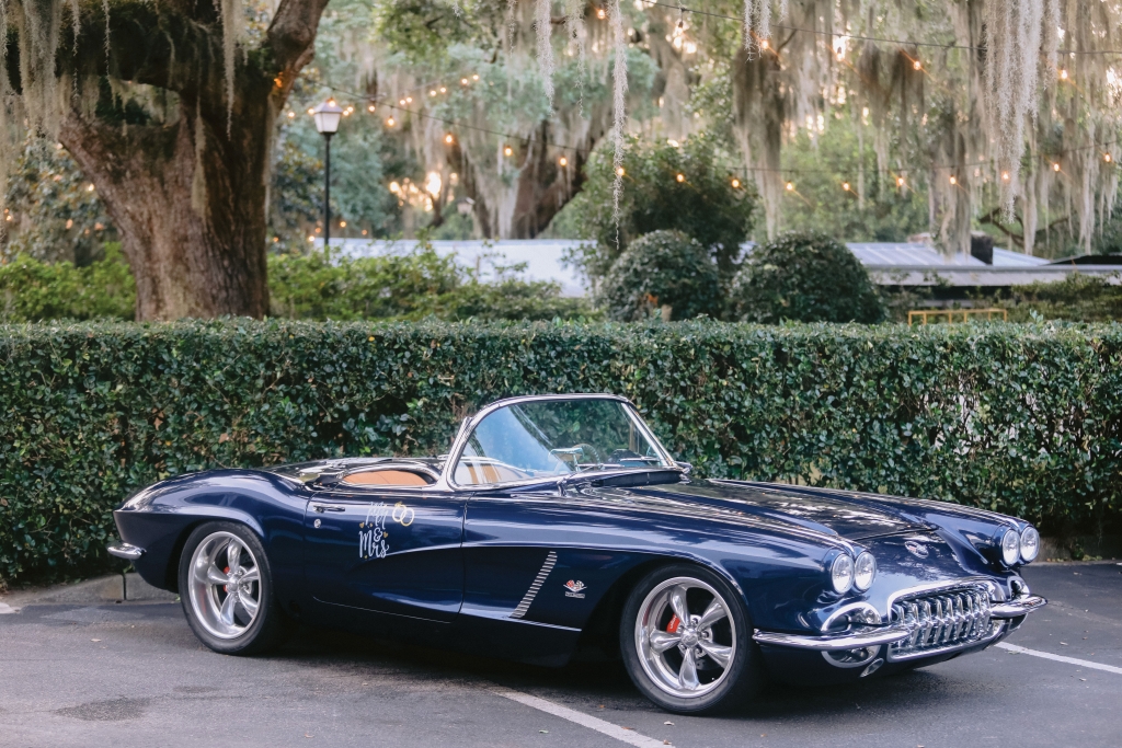 The newlyweds’ getaway car: Cameron’s grandfather’s 1962 Corvette.