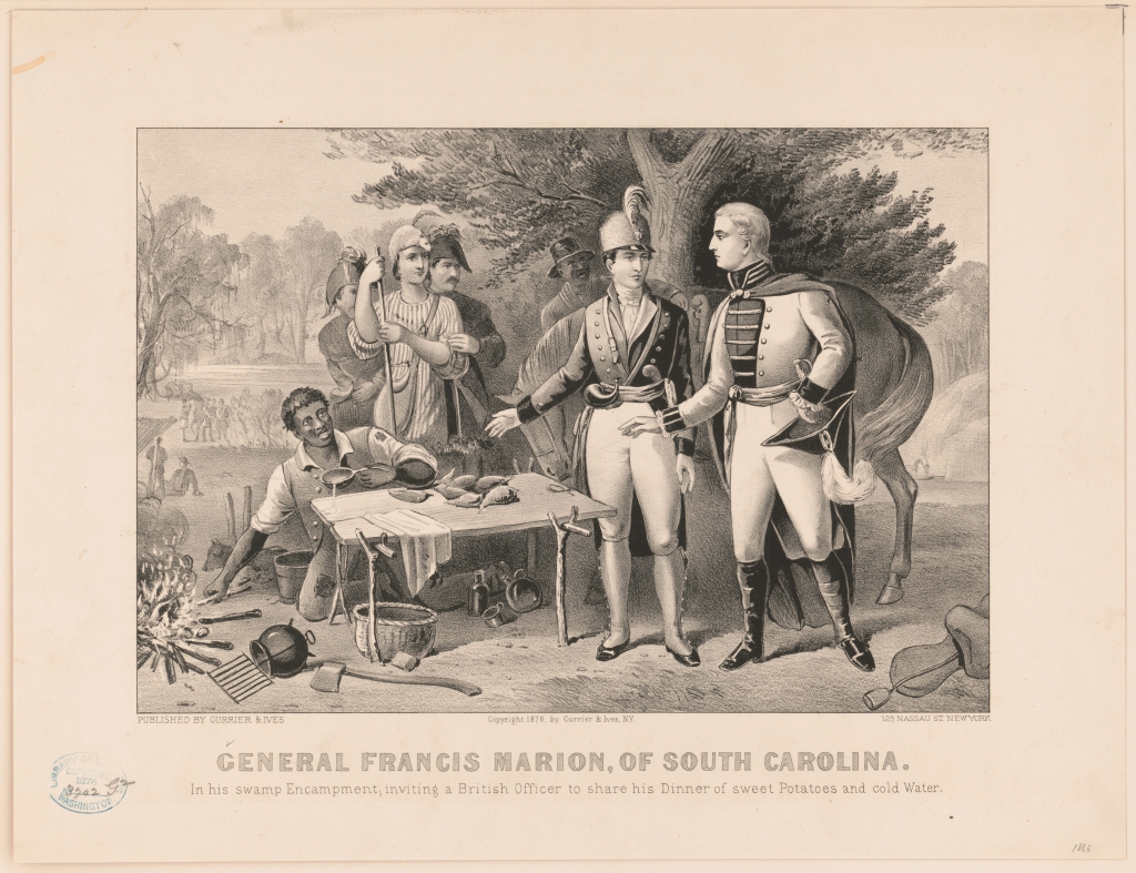 This 1870 Currier &amp; Ives print shows Gen. Francis Marion offering to share his dinner with a British officer.