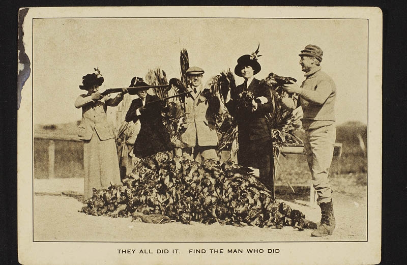 In a circa 1910 postcard made for guests, Annie Baruch, second from right, and Bernard Baruch, far right, pose with three hunters and one hundred ducks at Clambank Landing at Hobcaw.