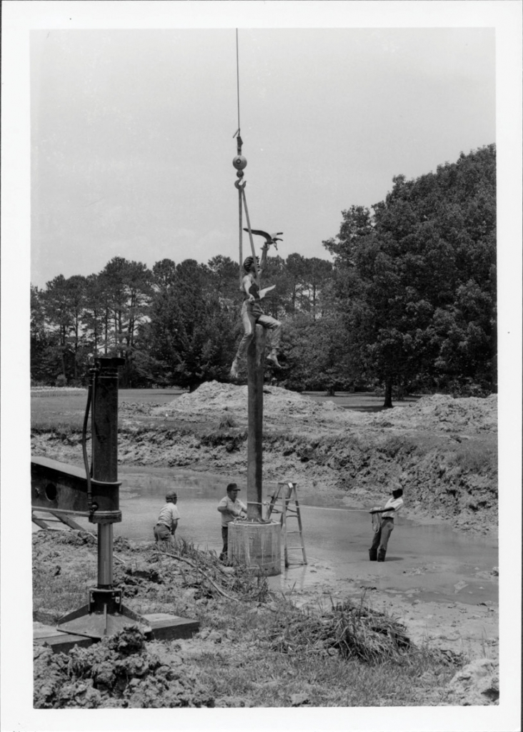 A 1989 installation of the permanent sculpture, High Tides.